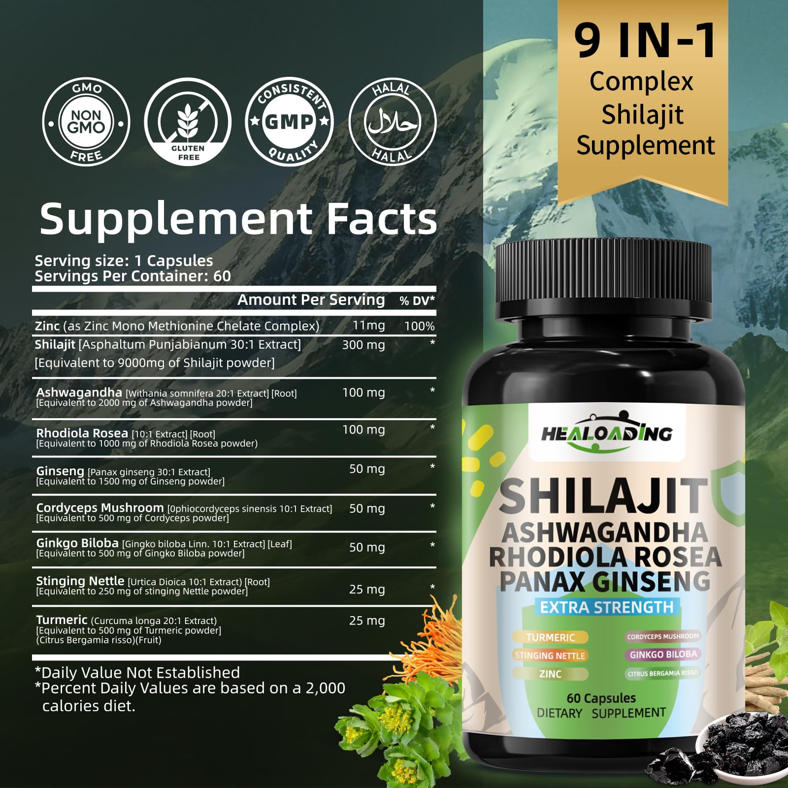 HEALOADING packaging highlights vegan non-GMO Shilajit with clear labeling