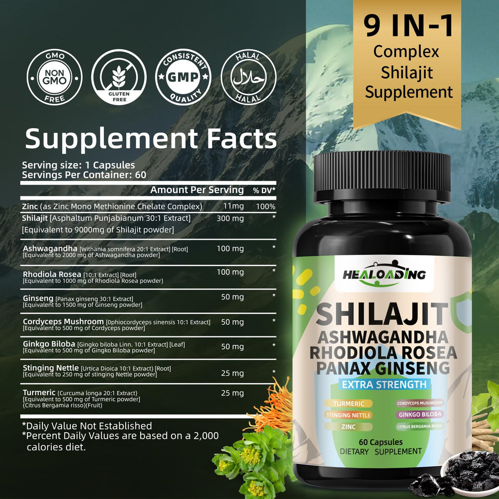 HEALOADING packaging highlights vegan non-GMO Shilajit with clear labeling