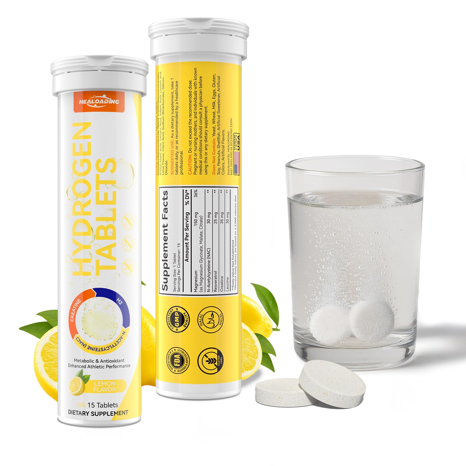 HEALOADING hydrogen water tablets dissolve in a glass for quick hydration.