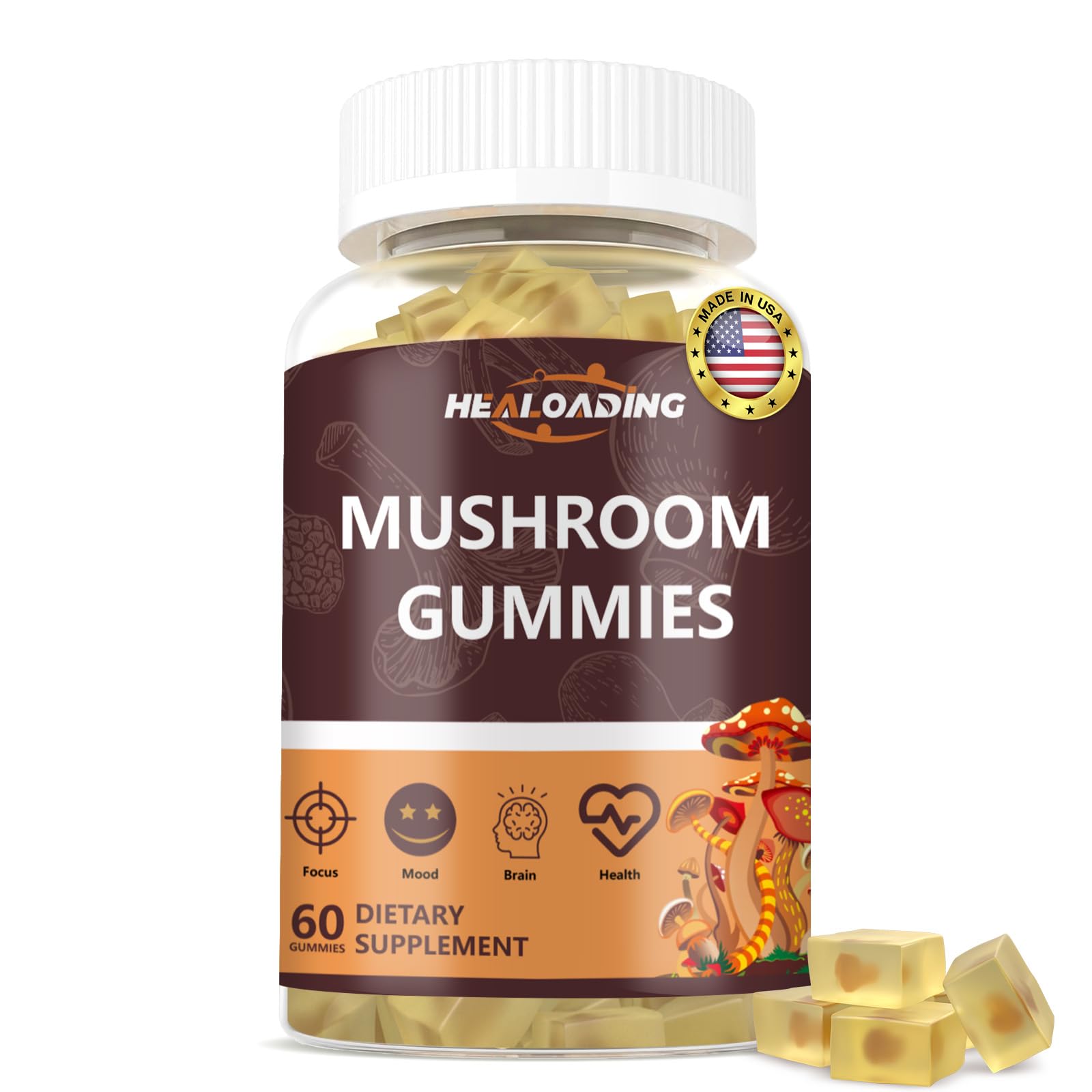 HEALOADING Mushroom Gummies bottle for a convenient daily focus and energy boost.