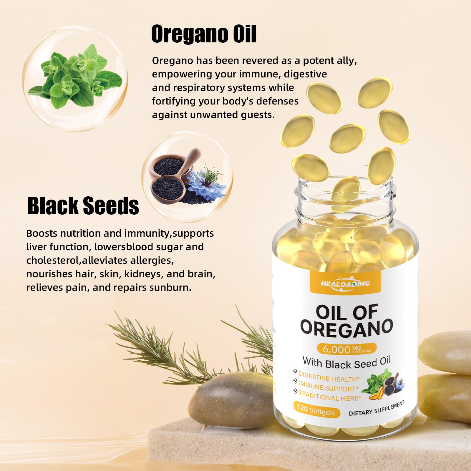 HEALOADING oregano oil softgel closeup highlights a smooth, easy-to-swallow capsule
