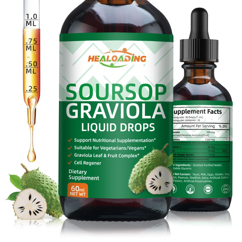 HEALOADING Soursop Bitters Bottle with organic graviola extract for antioxidant support.