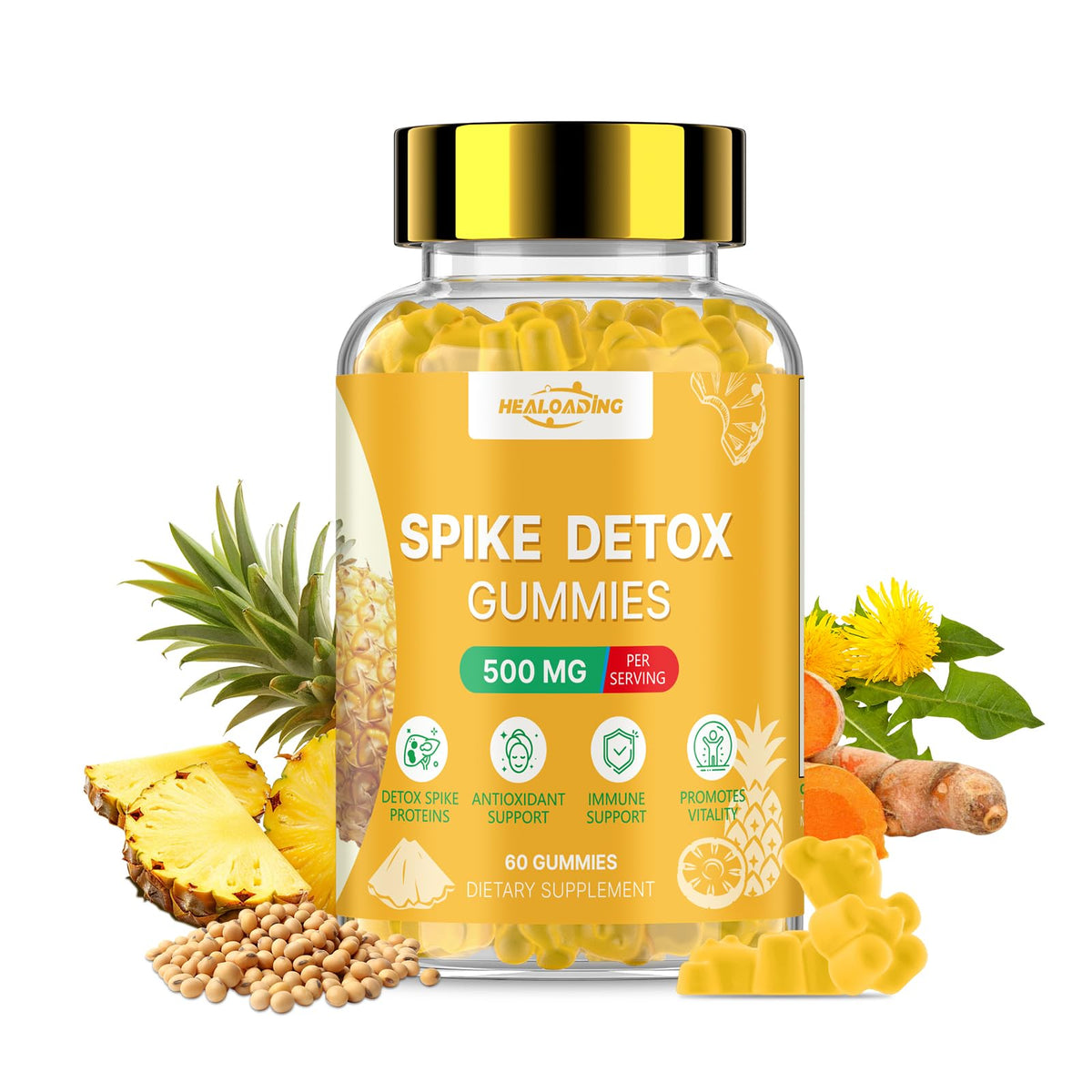 HEALOADING spike protein detox gummies bottle close-up for gentle detox support