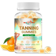 HEALOADING Tanning Gummies bottle on white showing convenient daily intake.