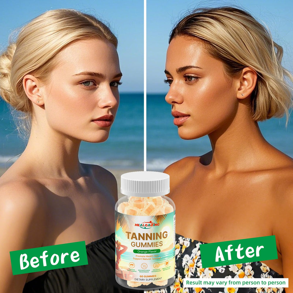 HEALOADING Tanning Gummies daily-dose instruction shows two gummies per day.