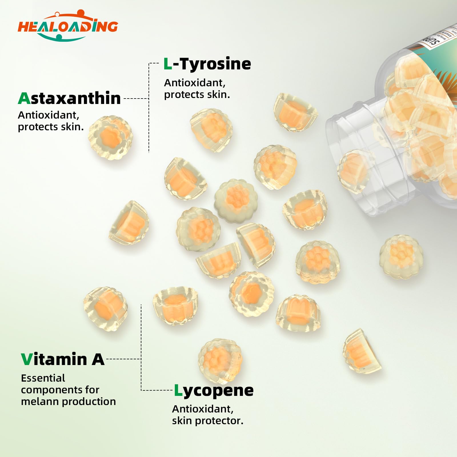 HEALOADING Tanning Gummies packaging label highlights vegan formula.