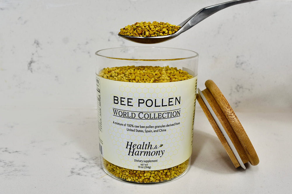 Health and Harmony World Collection bee pollen granules close-up, vibrant nutrients for energy.
