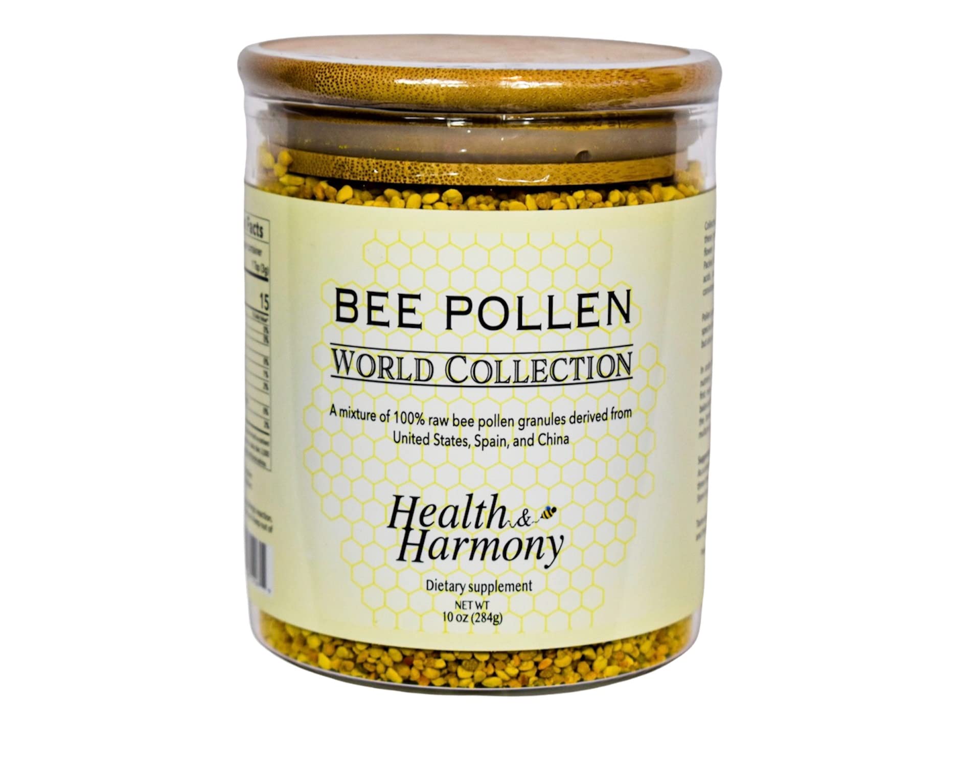Health and Harmony Bee Pollen Granules jar on shelf for daily wellness.