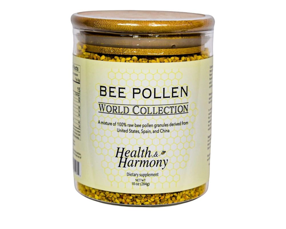 Health and Harmony Bee Pollen Granules jar on shelf for daily wellness.