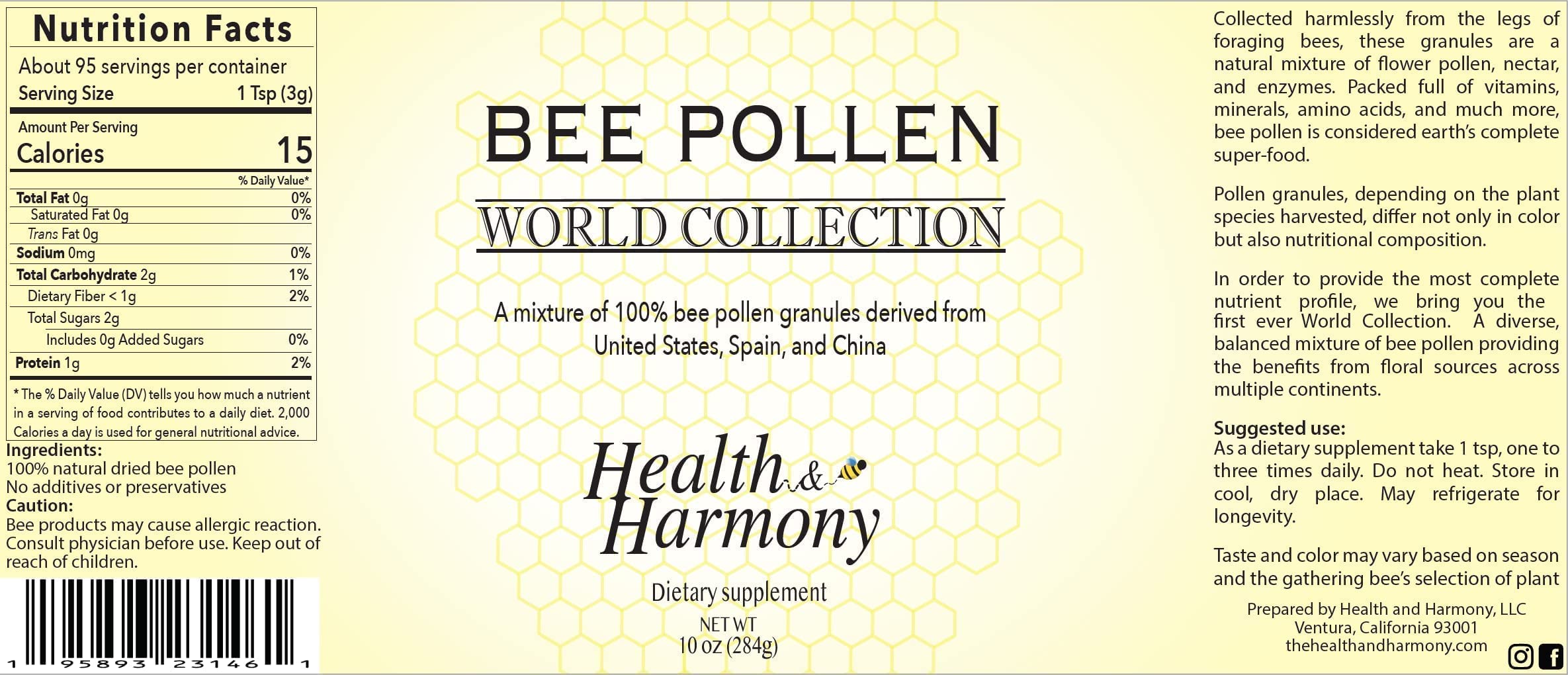 Health and Harmony bee pollen granules packaging in airtight glass jar protects freshness.