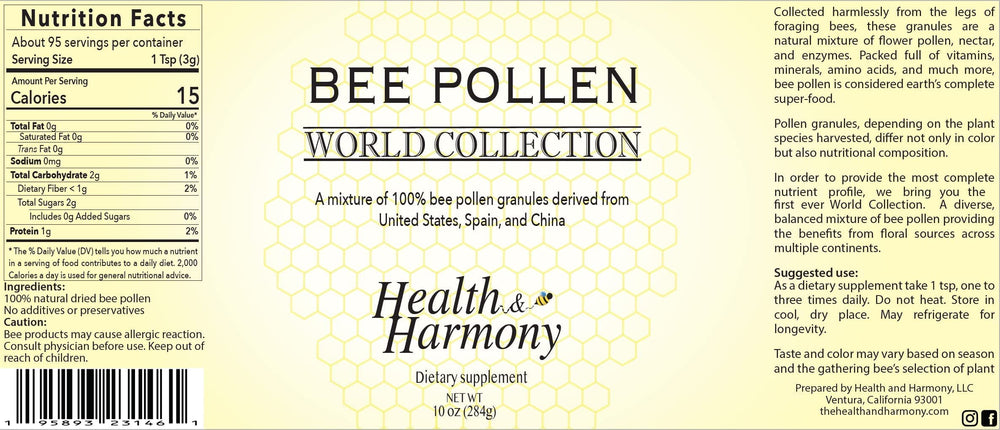 Health and Harmony bee pollen granules packaging in airtight glass jar protects freshness.