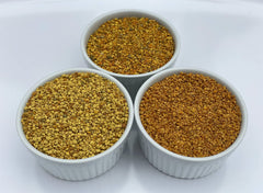 Health and Harmony bee pollen granules spoon, easy to blend into smoothies for nutrition.