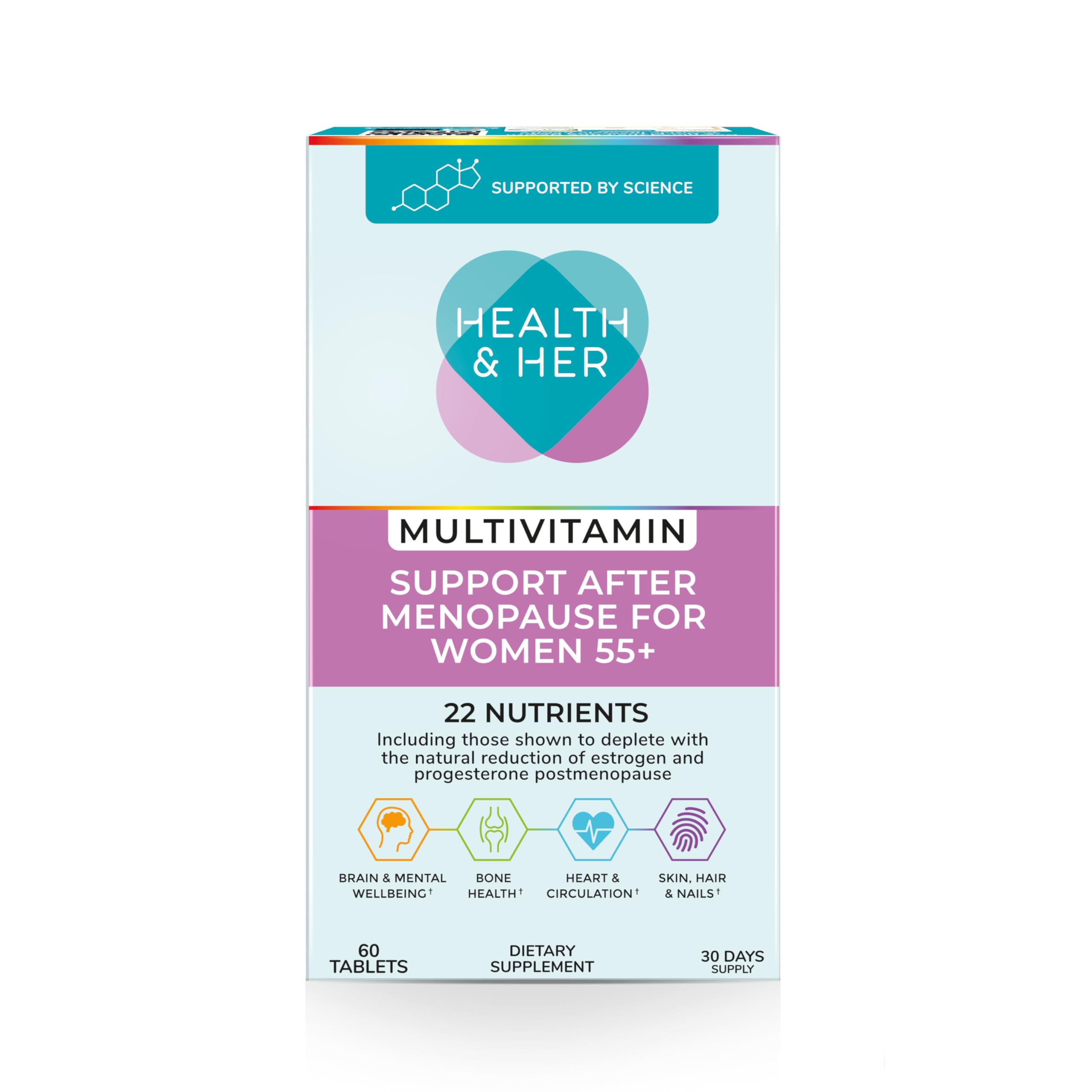 Health and Her multivitamin bottle for menopause support, daily wellbeing.