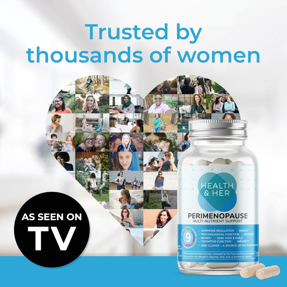 Health & Her perimenopause capsules closeup for easy daily routine