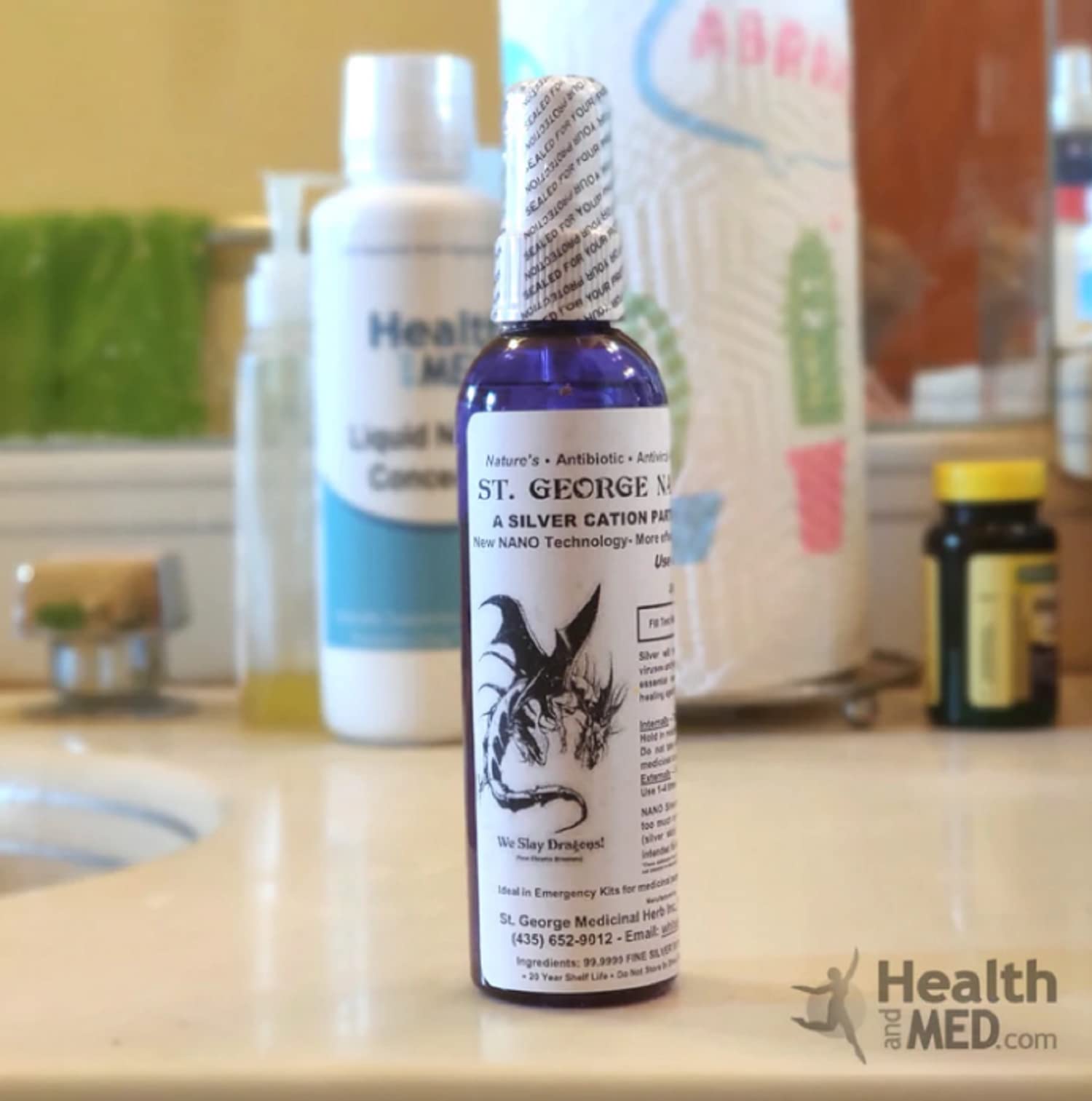 St. George Nano Silver bottle with soft lighting from Health and Med.com for everyday use