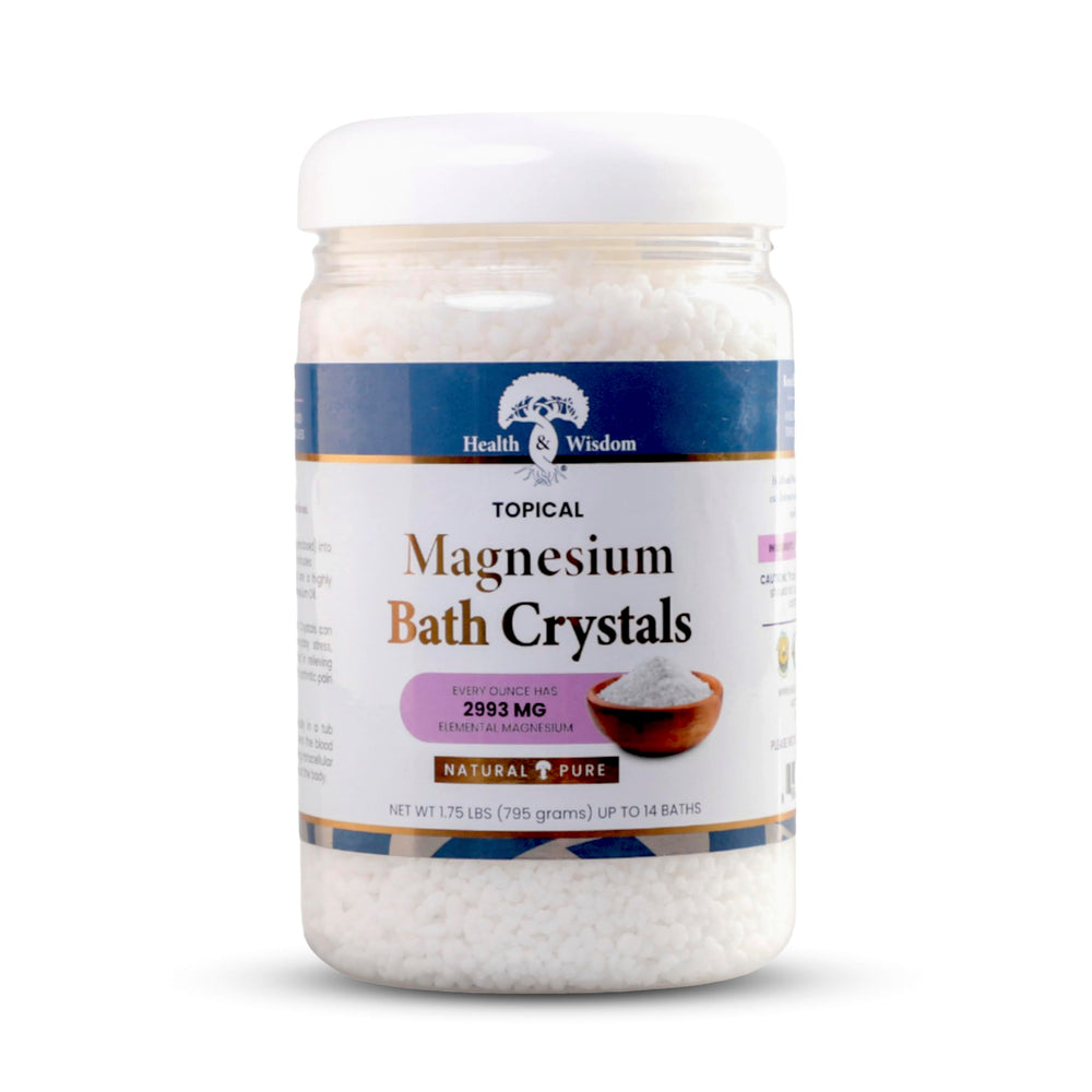 Health and Wisdom magnesium bath crystals jar for deep, fragrance-free relaxation