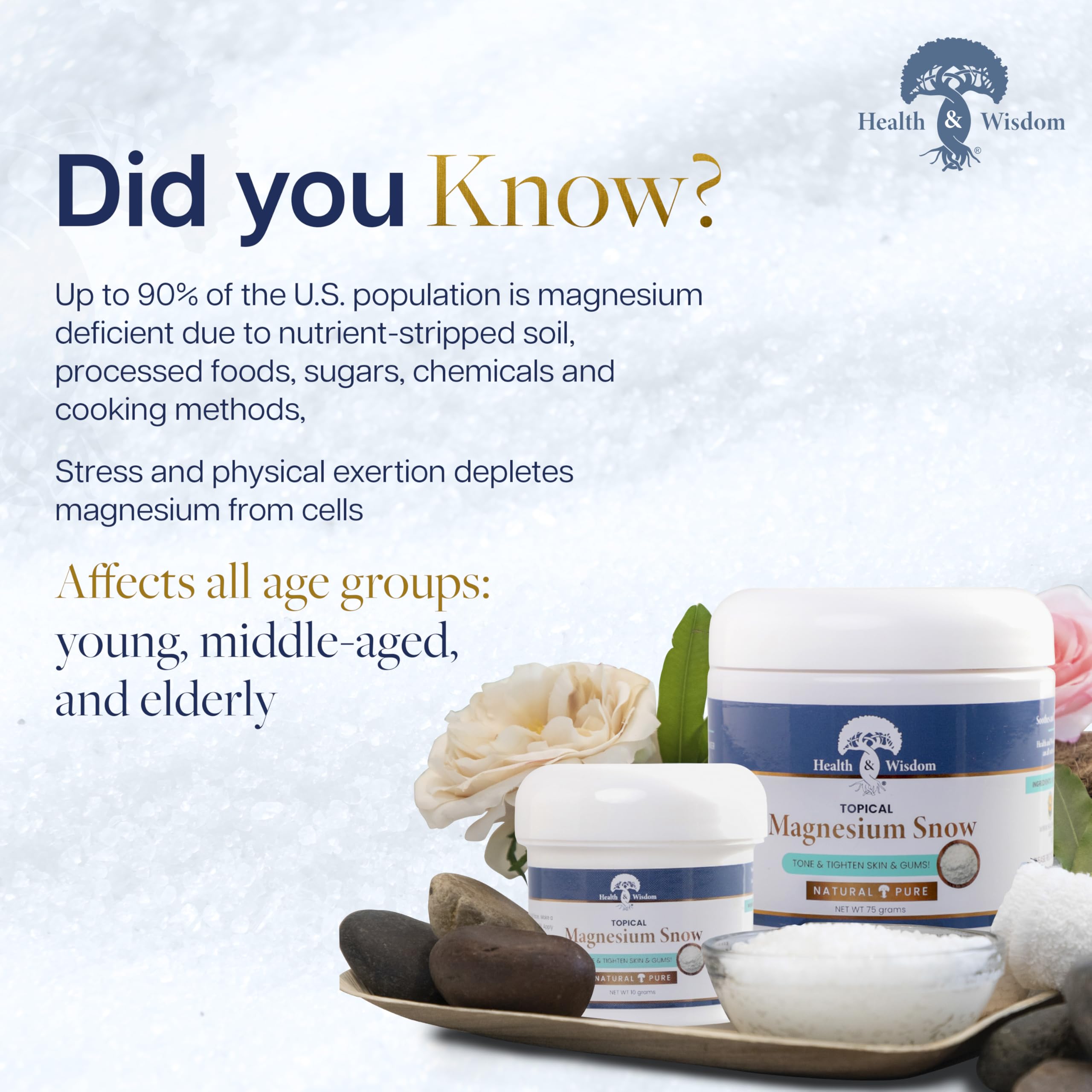 Health and Wisdom Magnesium Snow bath scene highlights mineral-rich full-body soak.