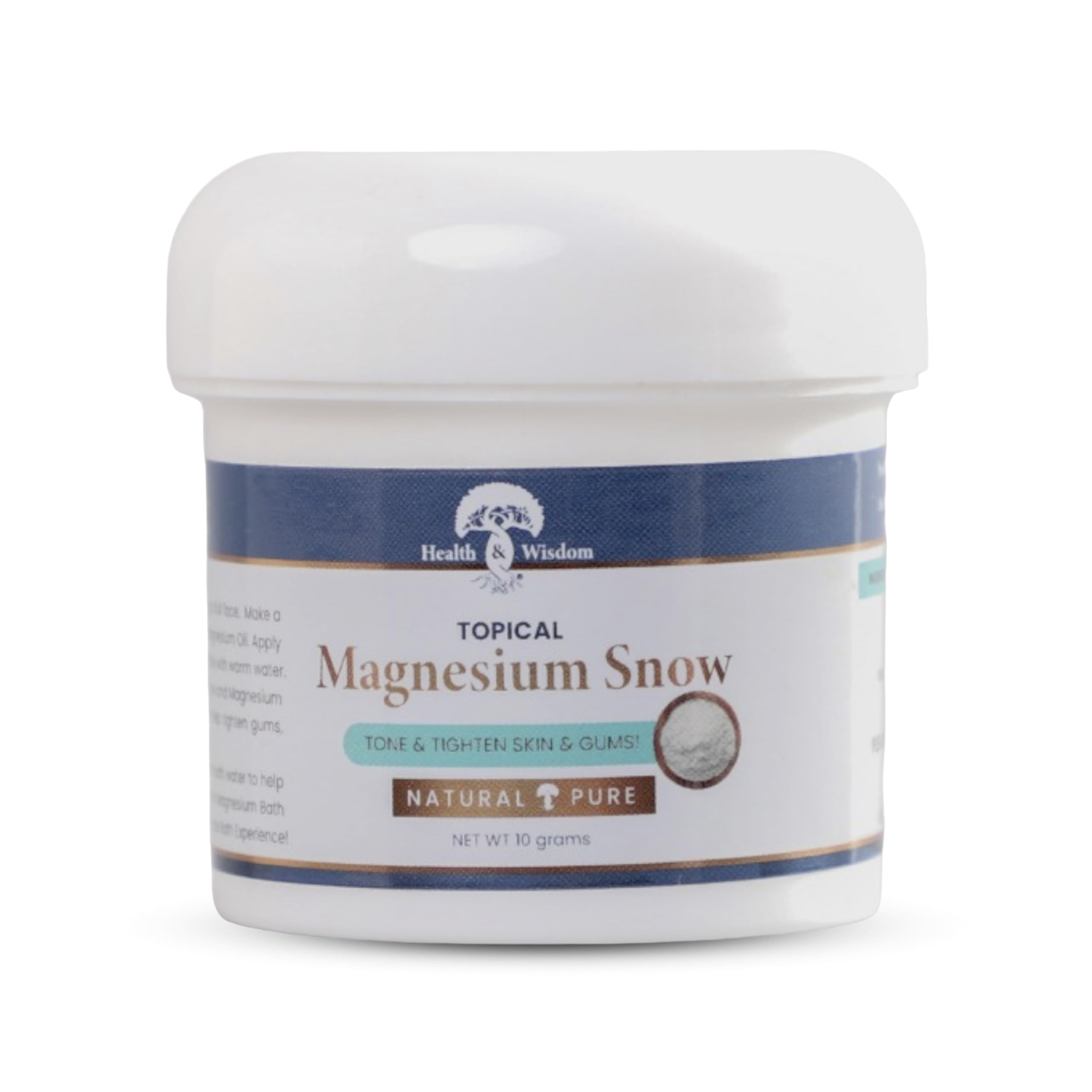 Health and Wisdom Magnesium Snow face powder bottle close-up for pore tightening and gentle cleansing.