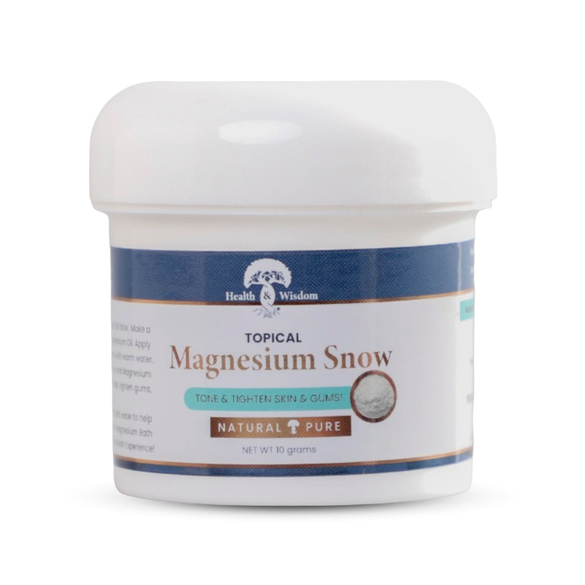 Health and Wisdom Magnesium Snow face powder bottle close-up for pore tightening and gentle cleansing.