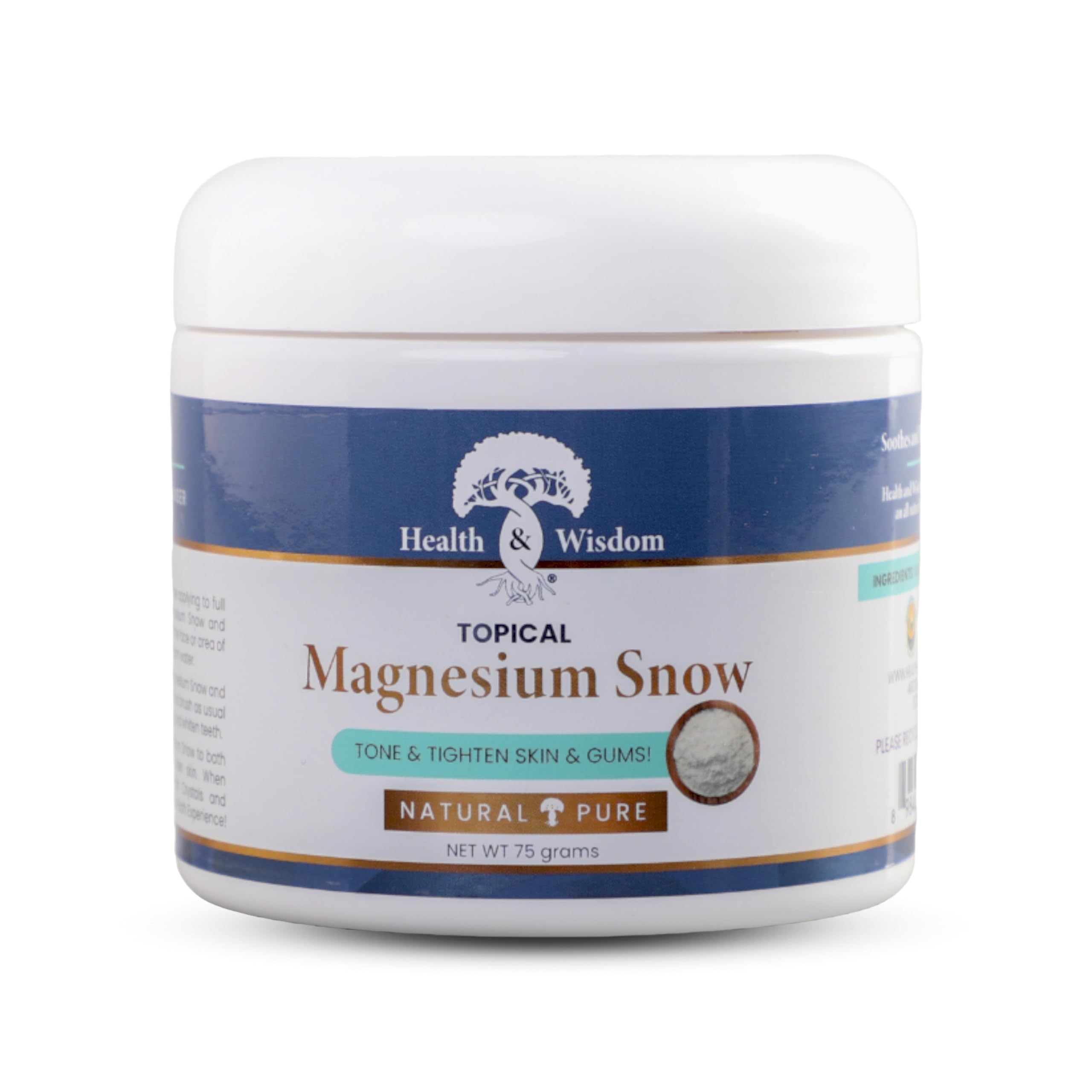 Health and Wisdom Magnesium Snow jar front for skincare and cleansing.