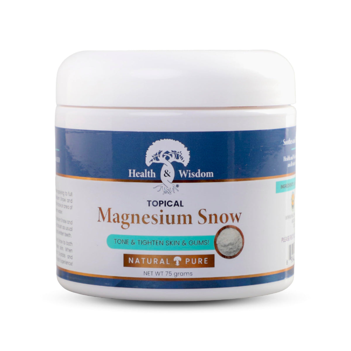 Health and Wisdom Magnesium Snow jar front for skincare and cleansing.
