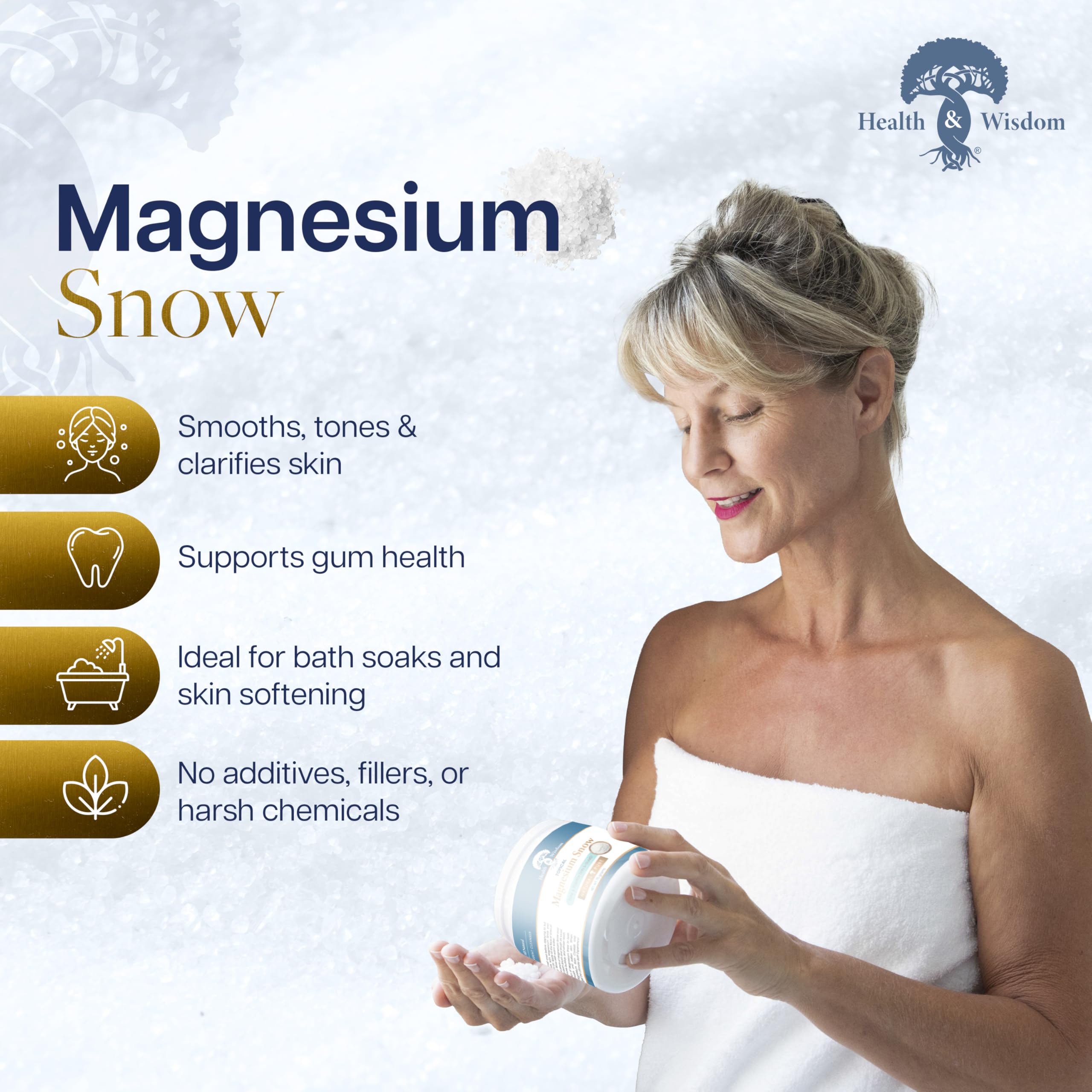 Closeup of Health and Wisdom Magnesium Snow powder texture for pore cleansing.