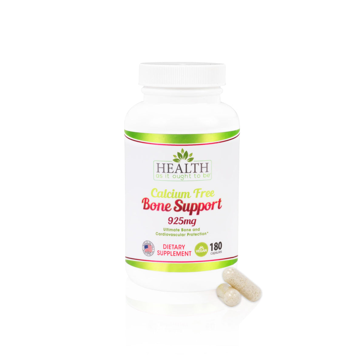 Health As It Ought To Be Calcium Free Bone Support bottle pour supports daily dosing.