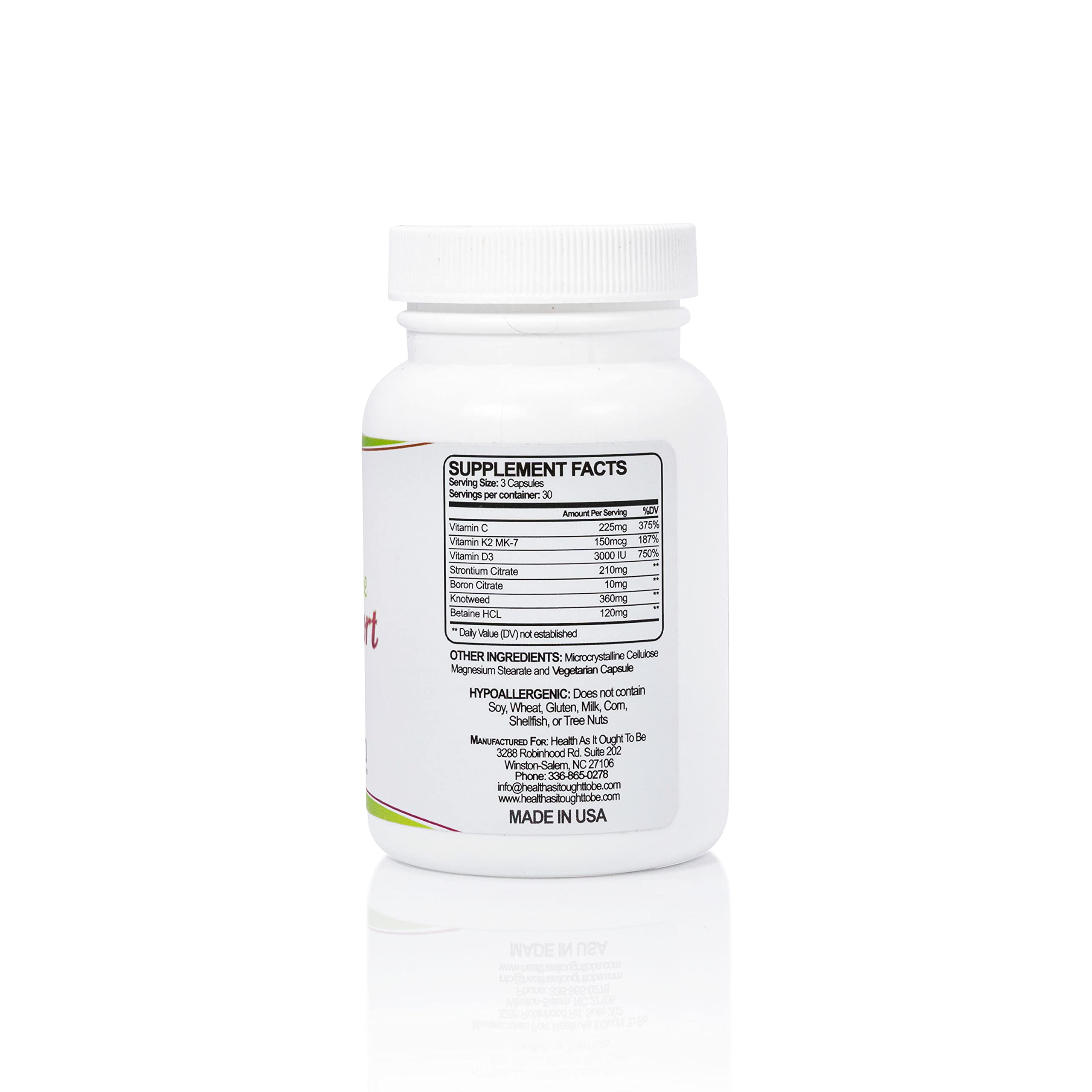 Health As It Ought To Be calcium-free bone support capsules close-up highlighting easy-to-swallow design