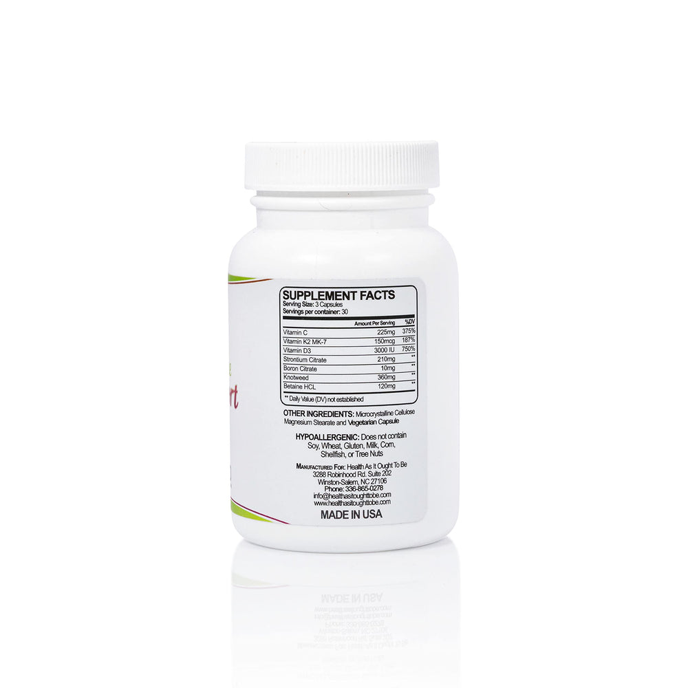Health As It Ought To Be calcium-free bone support capsules close-up highlighting easy-to-swallow design