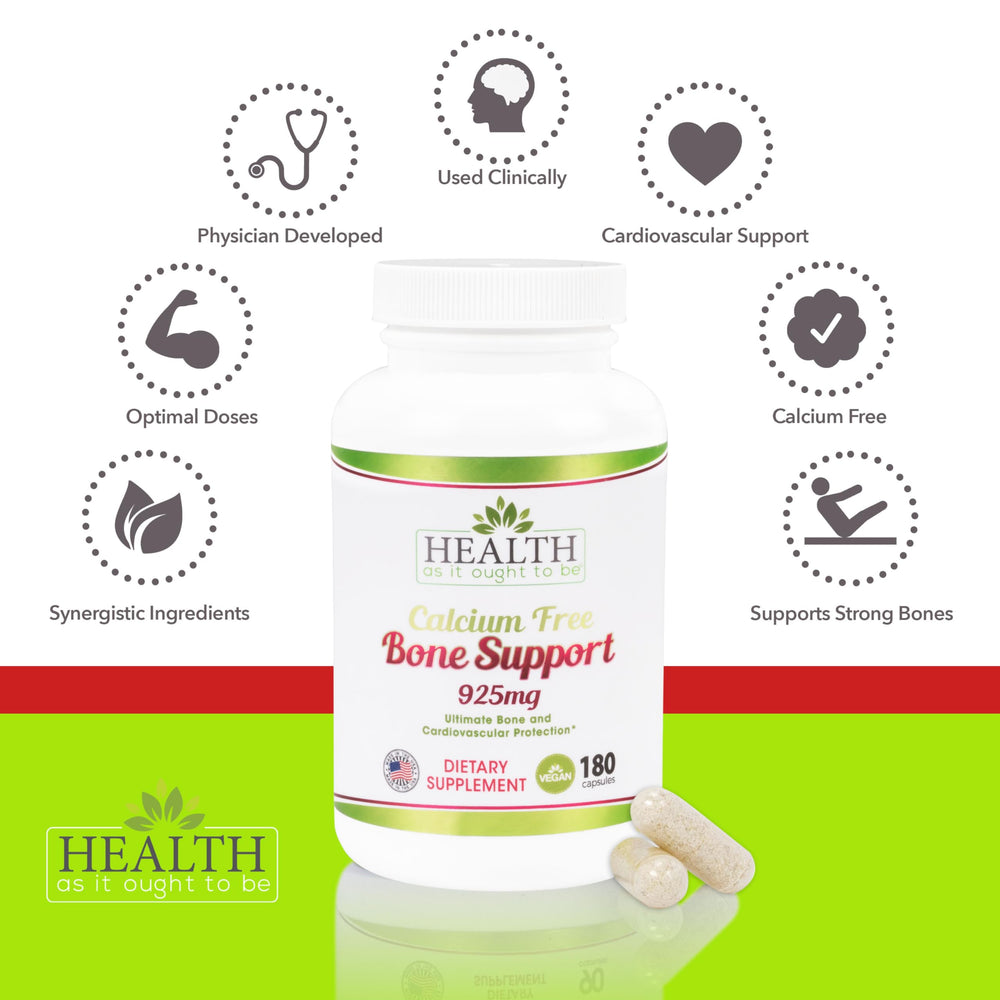 Health As It Ought To Be Calcium Free Bone Support capsules close-up shows easy-to-swallow capsules.