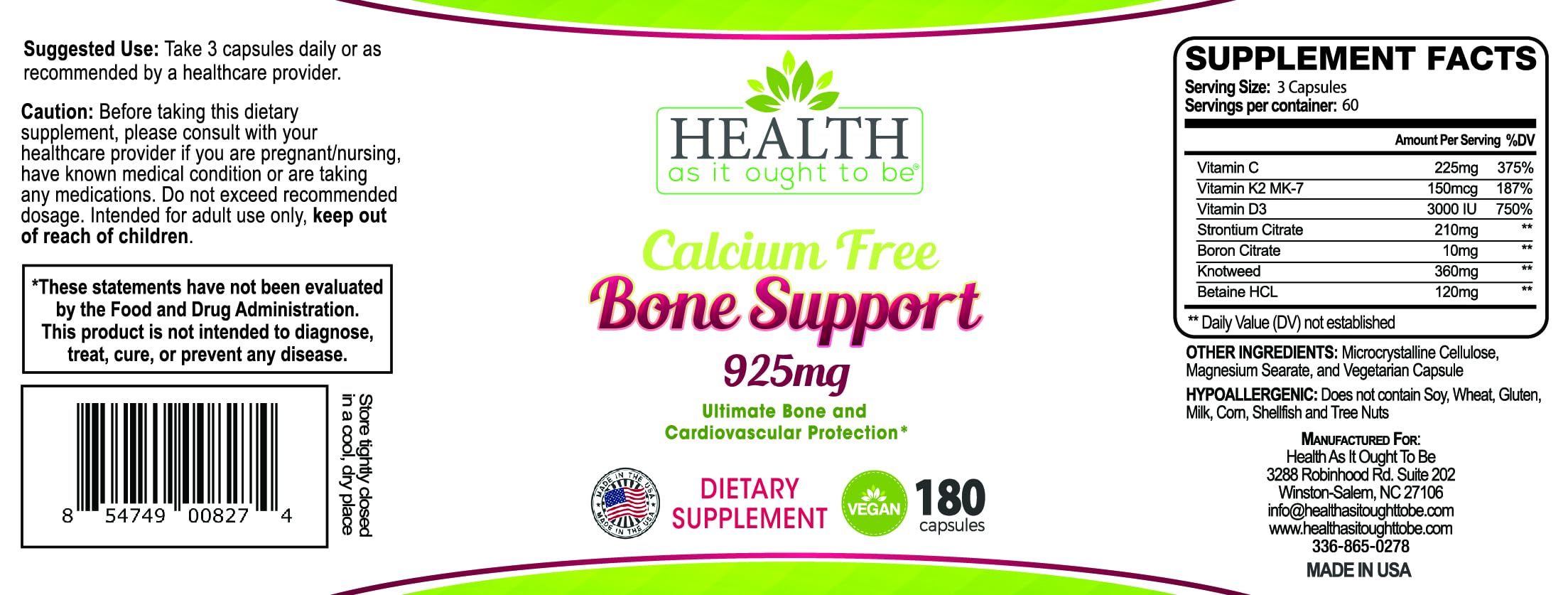 Health As It Ought To Be Calcium Free Bone Support label view emphasizes non-calcium formula.