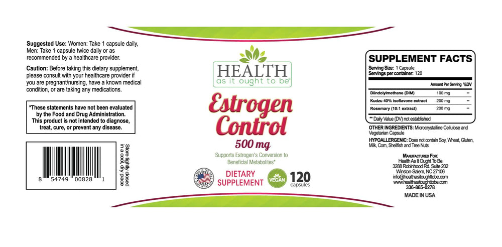 Health As It Ought To Be Estrogen Control ingredient close-up communicates quality and potential hormonal support