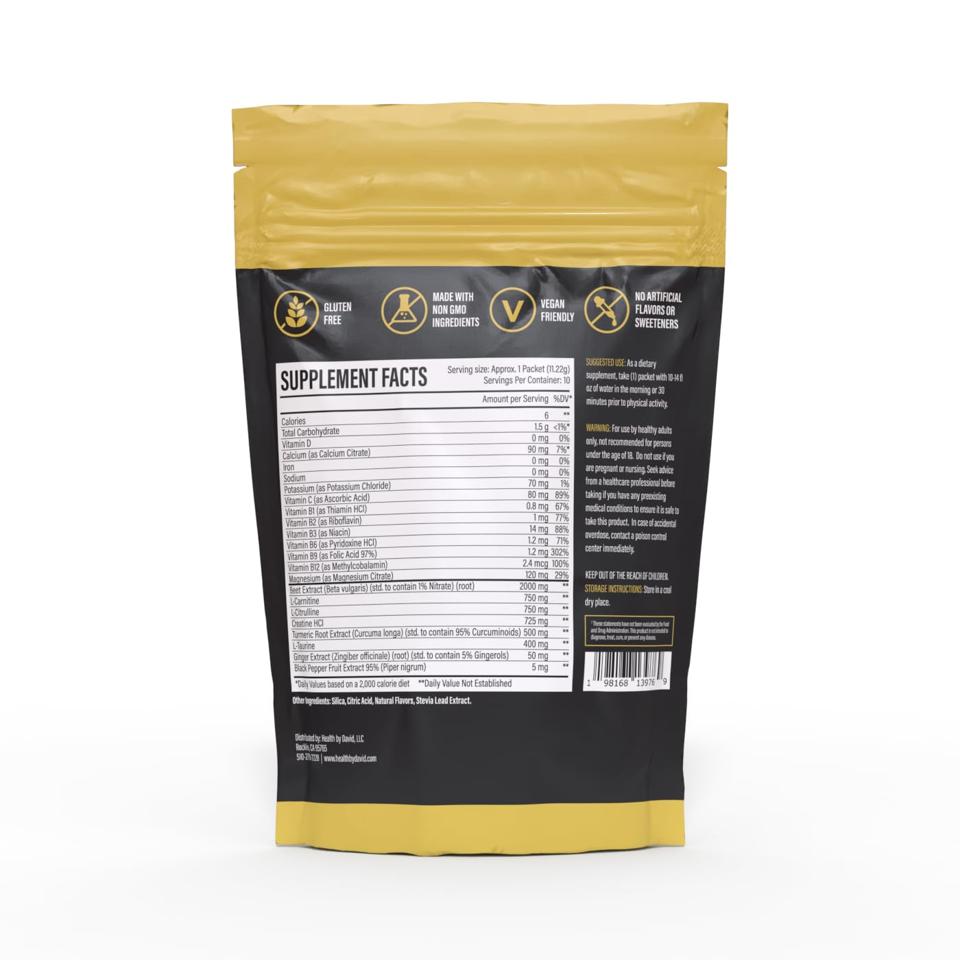 Health by David CardioVast label close-up showing electrolytes and amino acids for hydration.