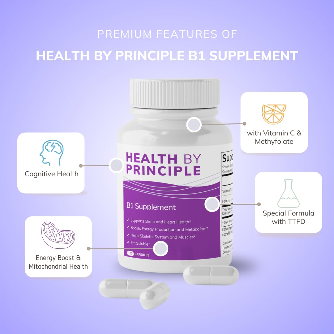 HEALTH BY PRINCIPLE B1 label highlights methylfolate and vitamin C benefits.