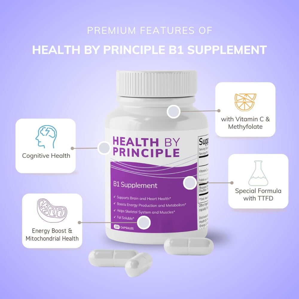 HEALTH BY PRINCIPLE B1 label highlights methylfolate and vitamin C benefits.