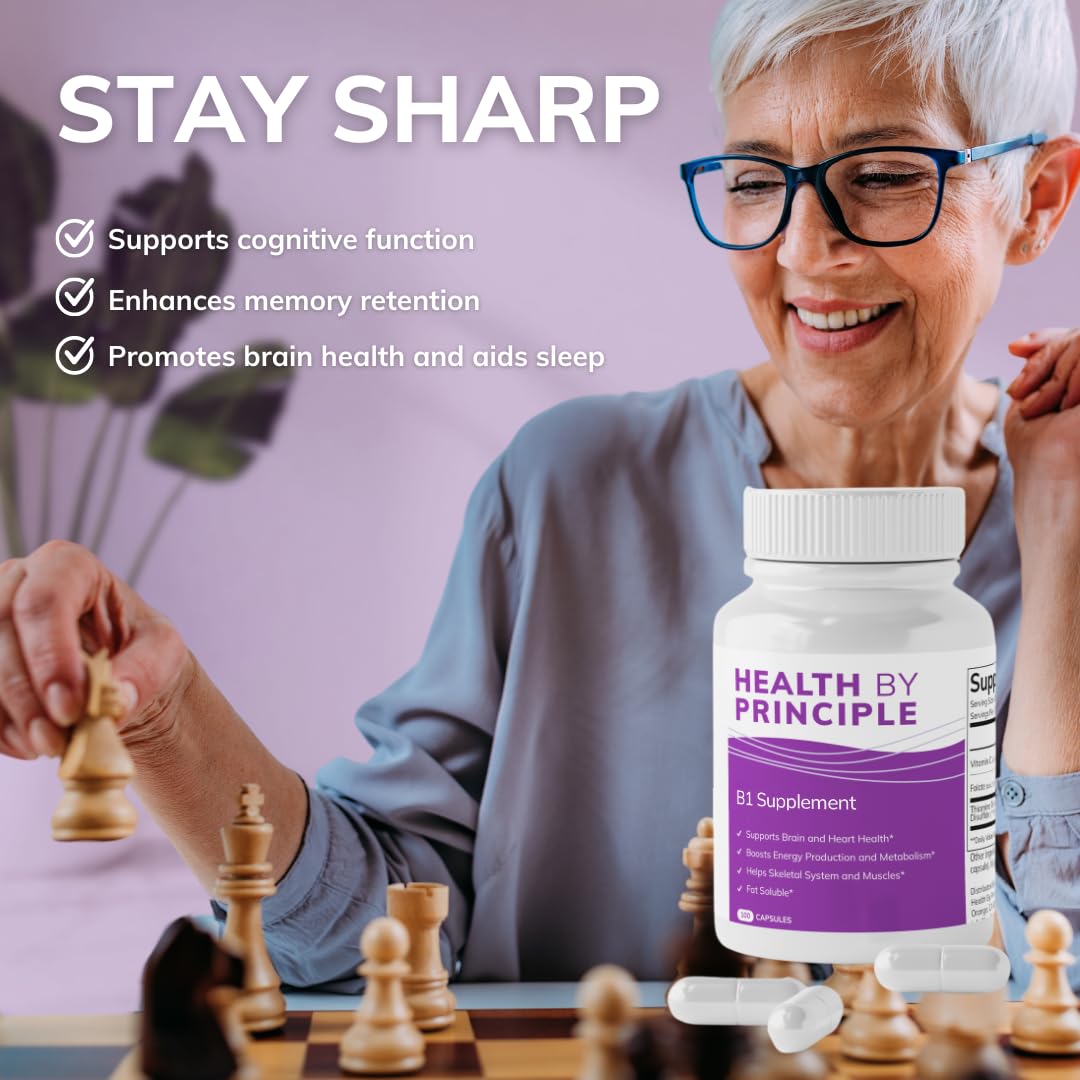 HEALTH BY PRINCIPLE B1 packaging in USA-made facility signaling clean vegan formula.