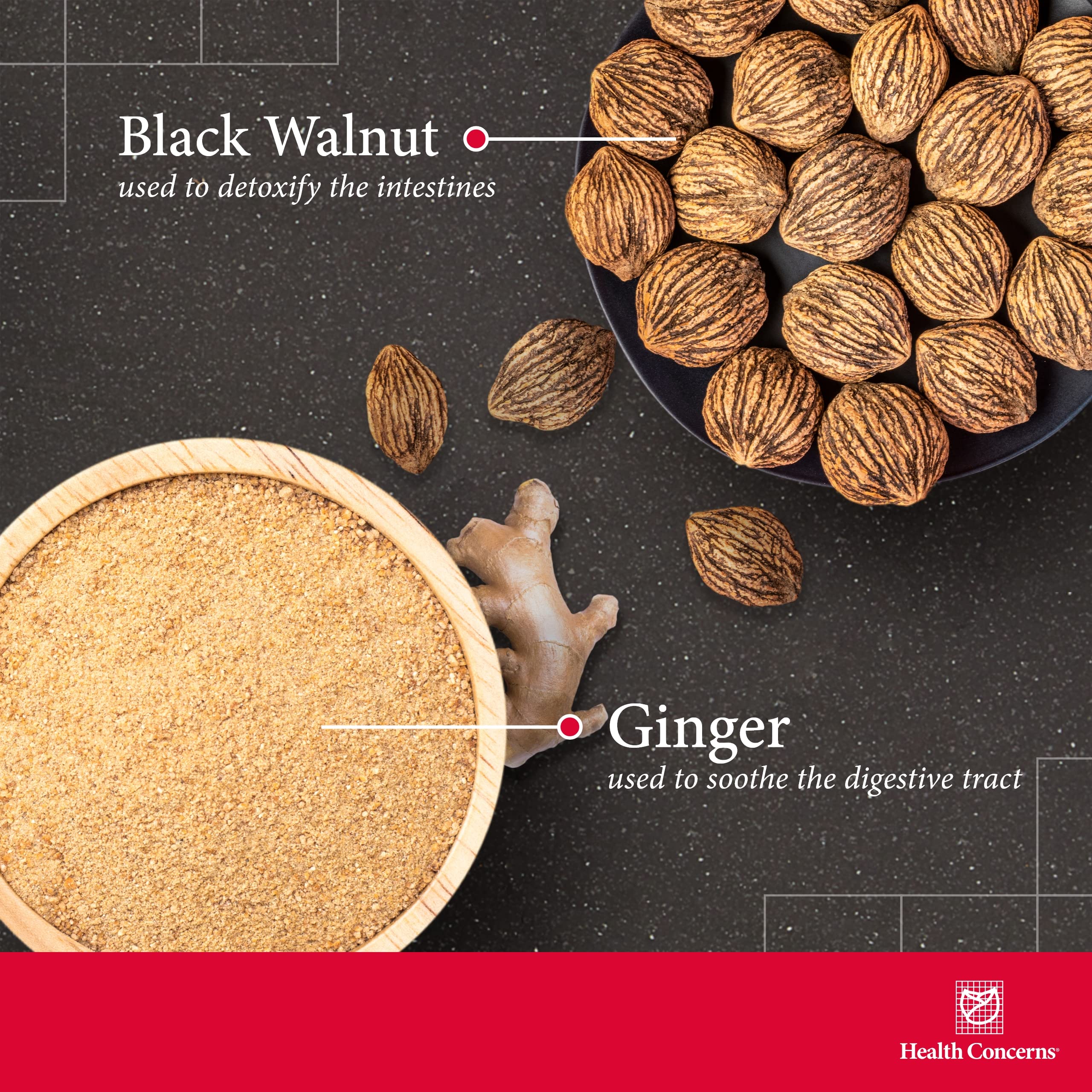 Health Concerns Aloe 22 herbal blend ingredients highlight black walnut and ginger.
