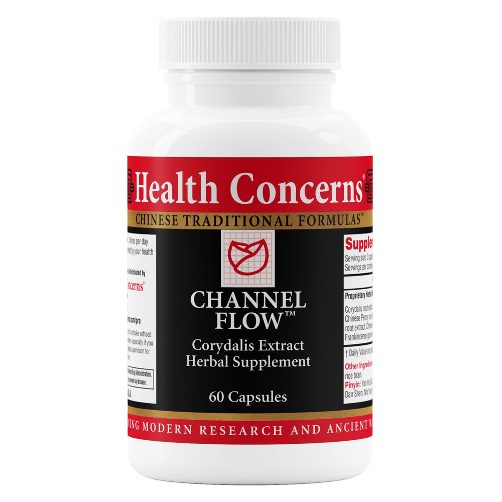 Health Concerns Channel Flow bottle cap close-up, showcasing capsules for daily support.