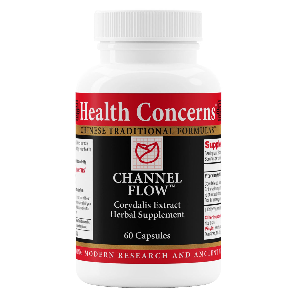 Health Concerns Channel Flow bottle cap close-up, showcasing capsules for daily support.