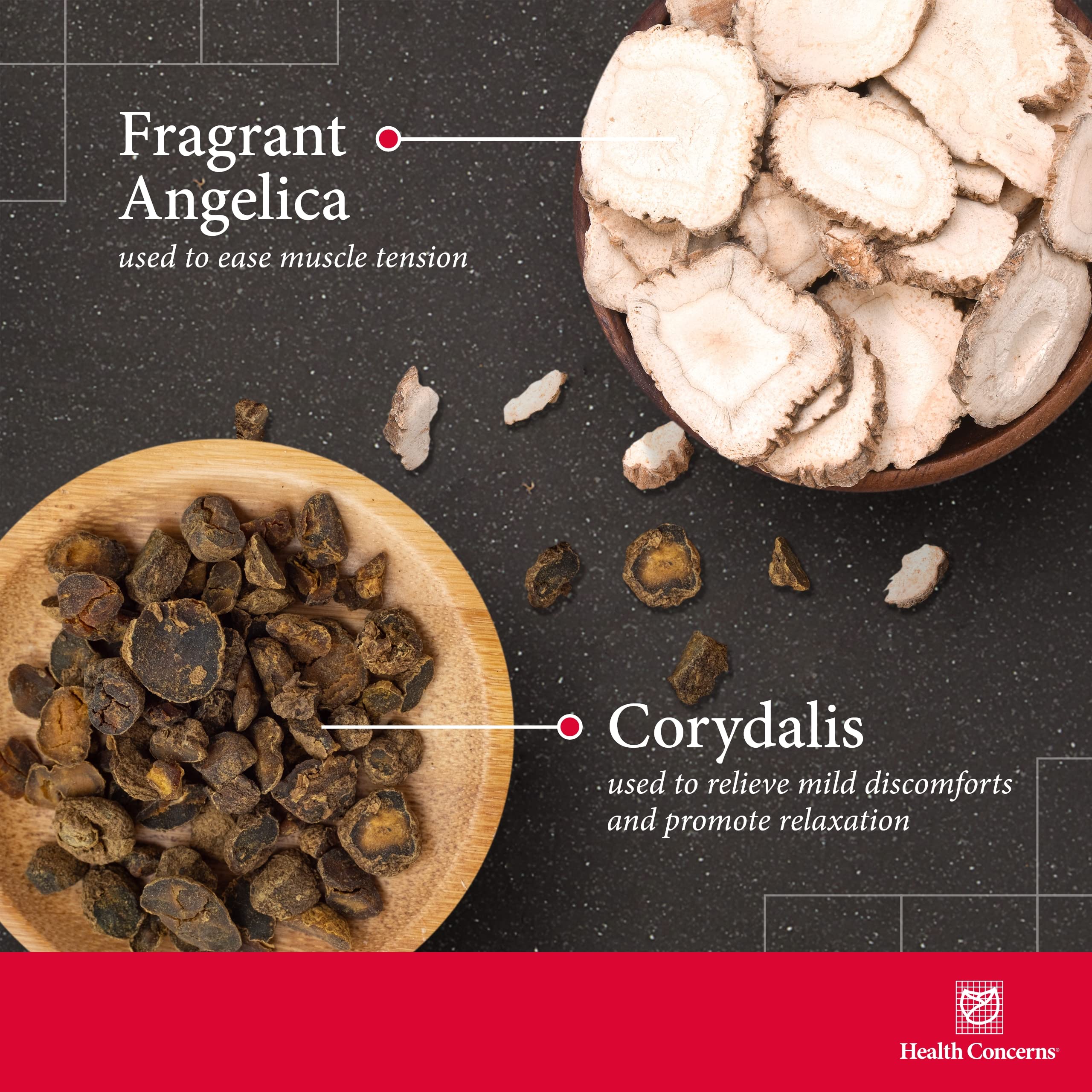 Health Concerns Channel Flow ingredients label highlights Corydalis, Angelica, Myrrh, and Salvia.