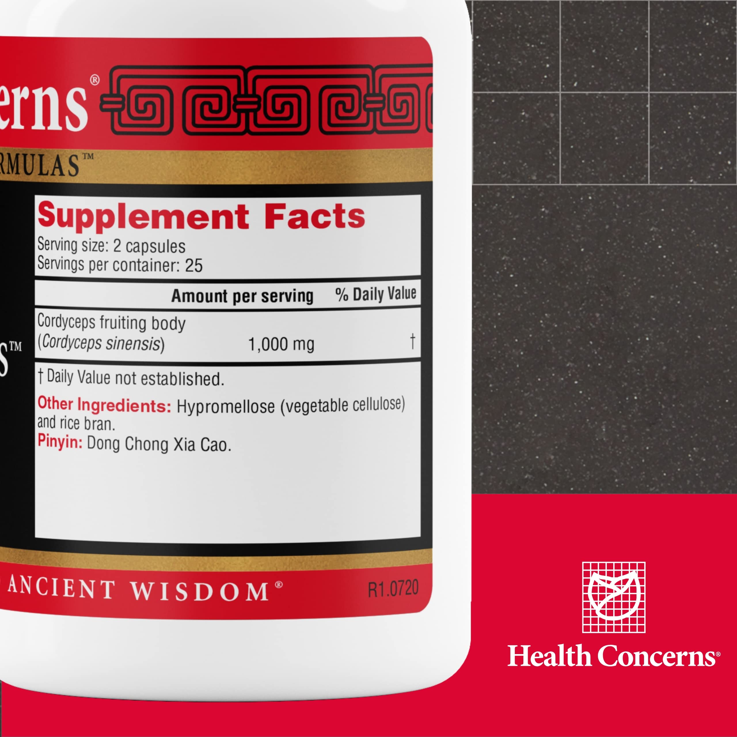 Health Concerns Cordyceps PS capsules closeup highlights immune support and daily stamina potential