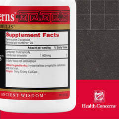 Health Concerns Cordyceps PS capsules closeup highlights immune support and daily stamina potential