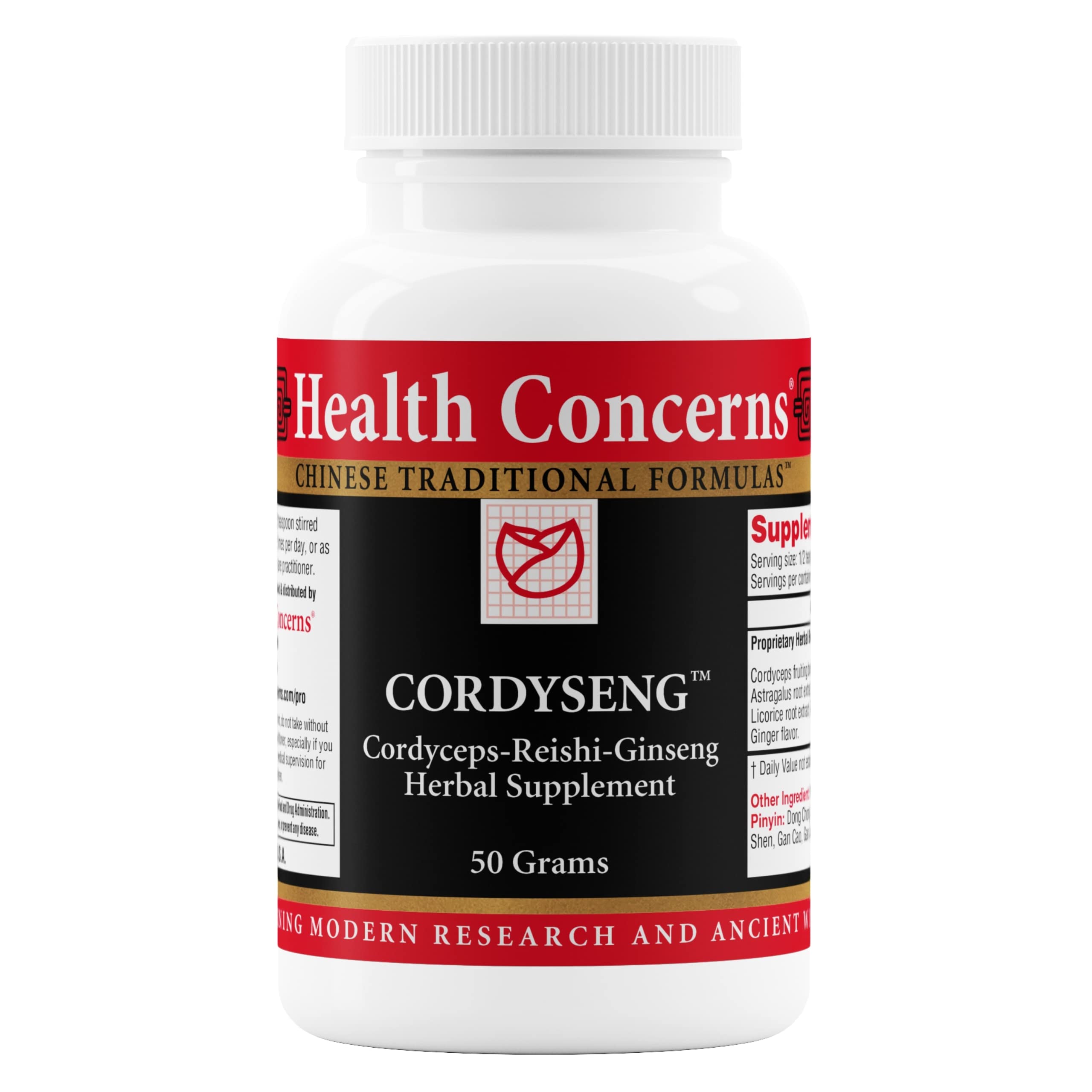 Health Concerns CordySeng powder bottle for daily immune and respiratory support.