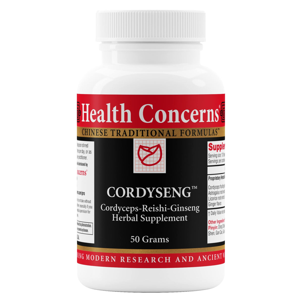 Health Concerns CordySeng powder bottle for daily immune and respiratory support.