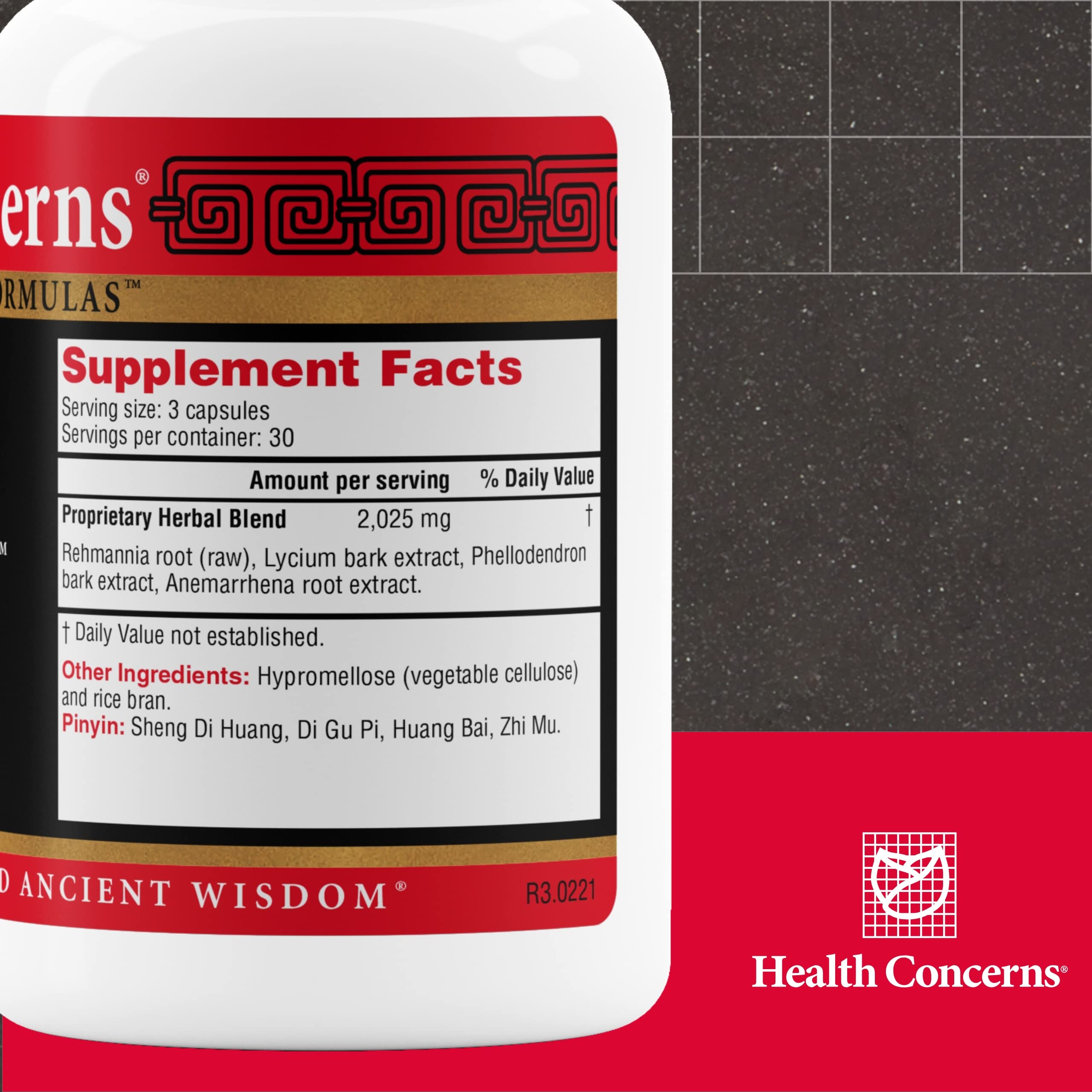 Health Concerns Great Yin capsules close-up, herbal blend for balance.