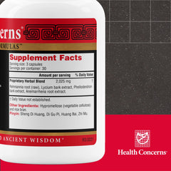 Health Concerns Great Yin capsules close-up, herbal blend for balance.