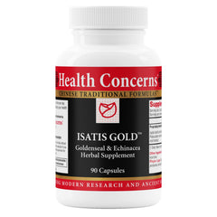Health Concerns Isatis Gold bottle pouring, signaling immune support during travel.