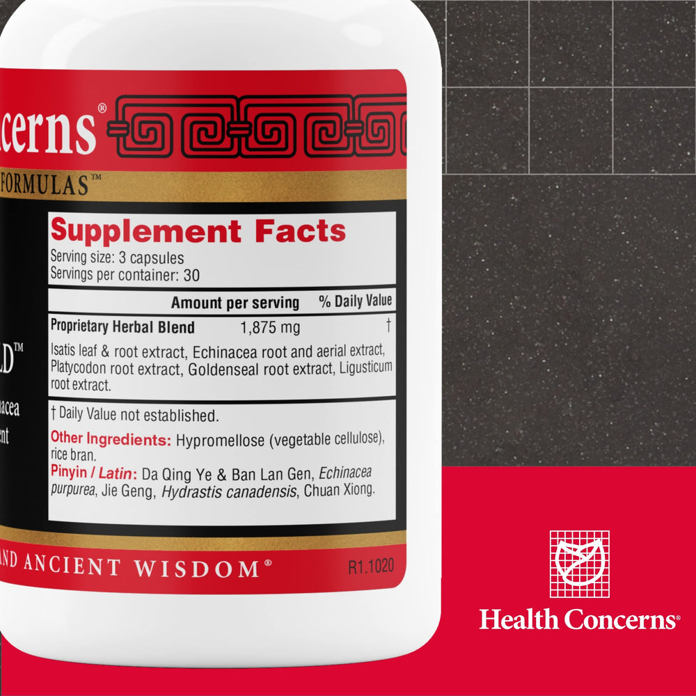 Health Concerns Isatis Gold capsules close-up, ready for daily use.