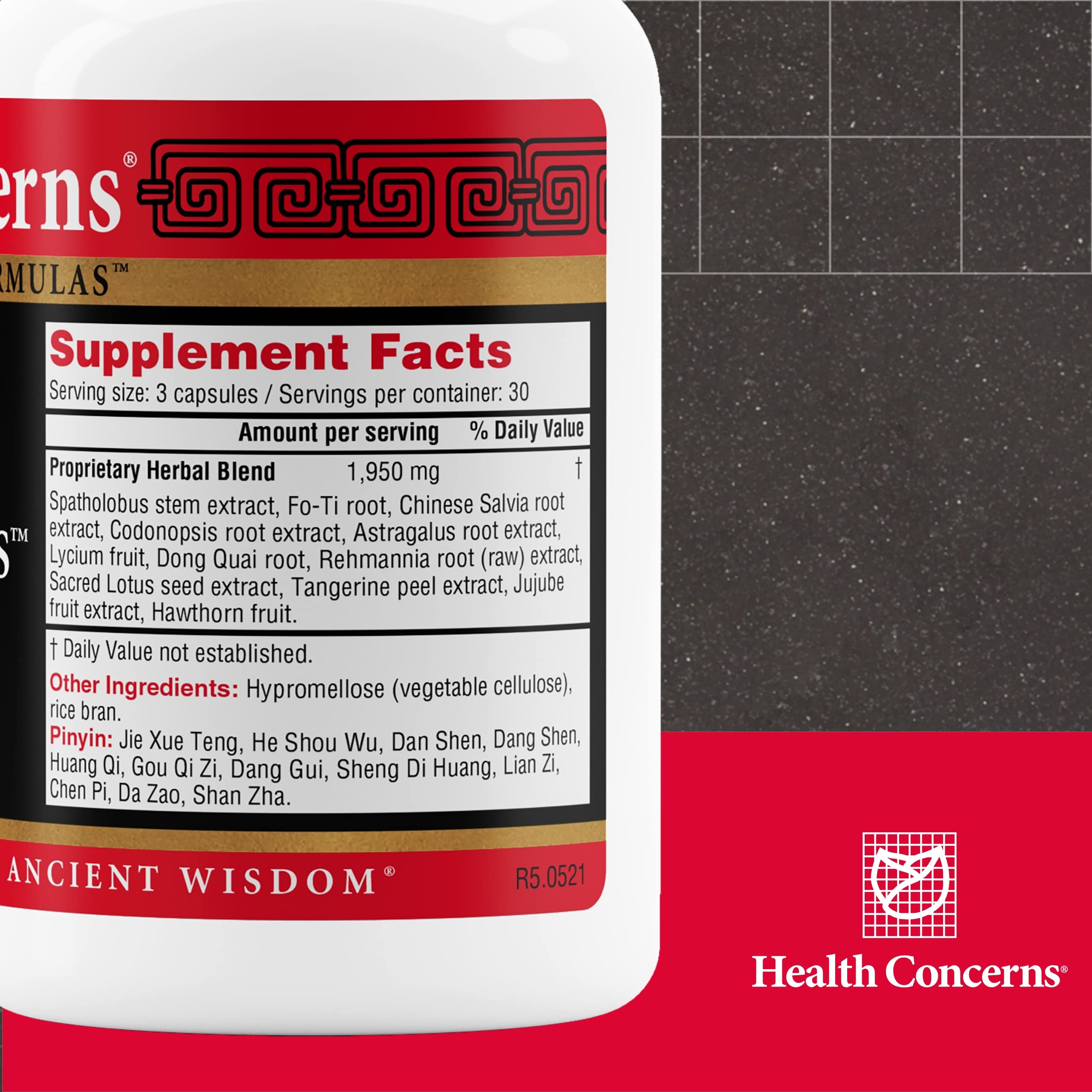 Close-up of Health Concerns Marrow Plus capsules highlighting herbal blood support.