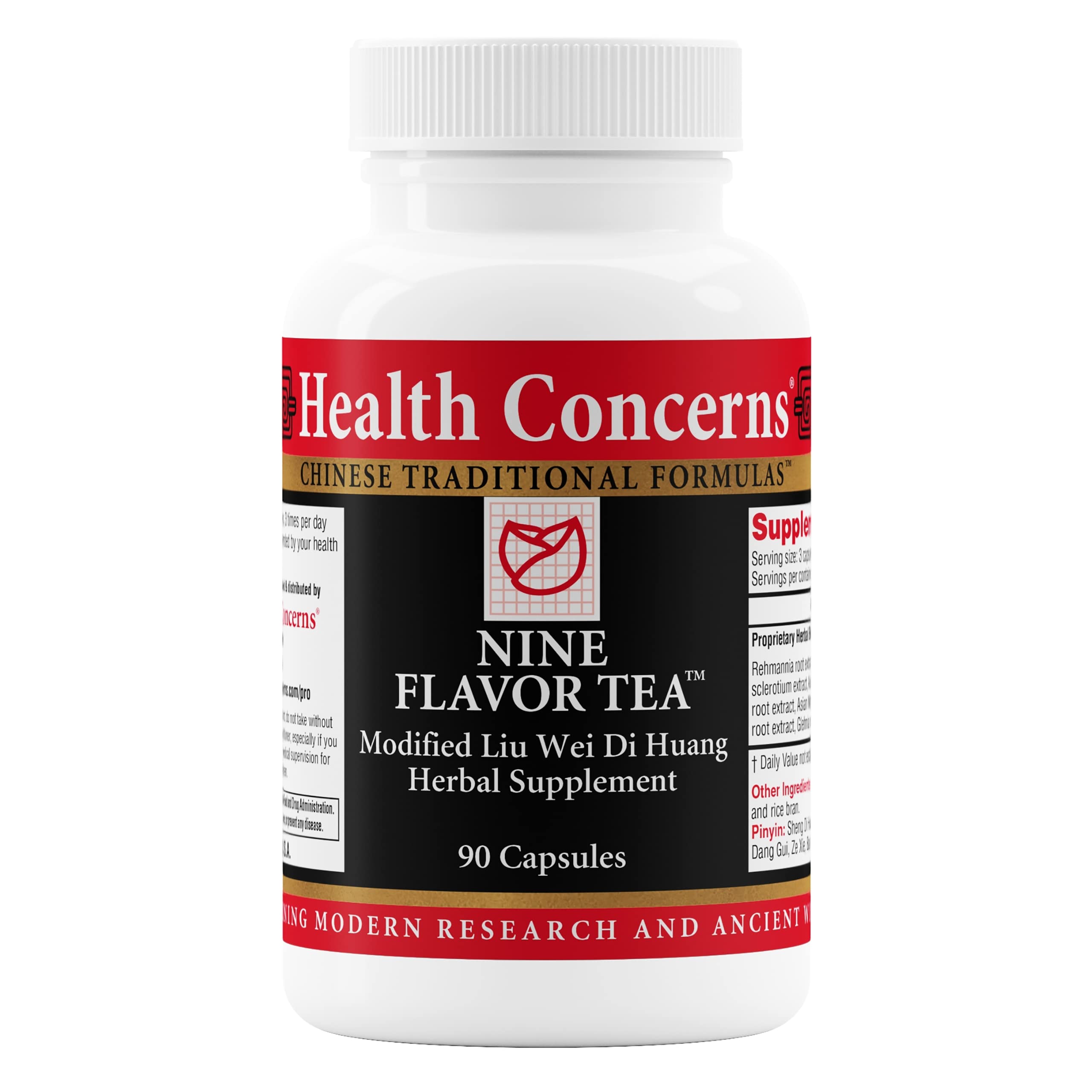Health Concerns Nine Flavor Tea bottle with herbal blend promotes immune and kidney support.